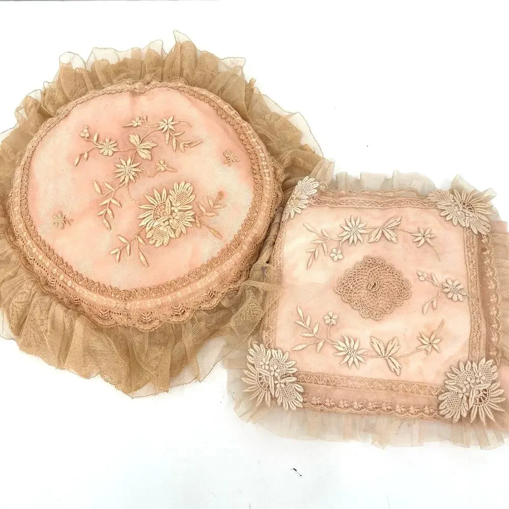 vintage French country Victorian lace detailed embroidery ruffled edges pillows